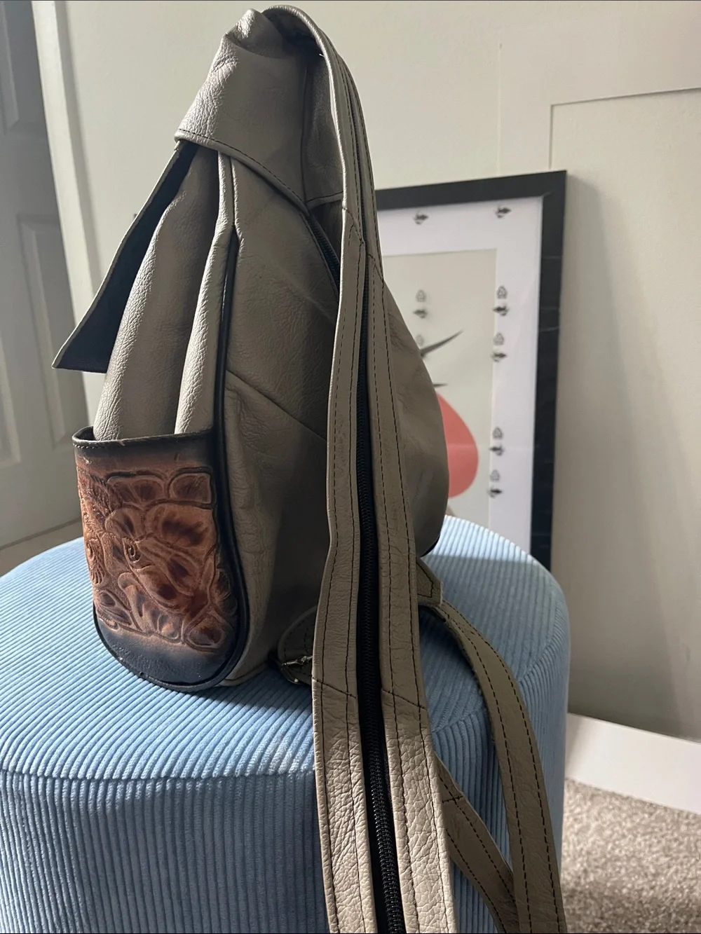 Source Unknown Gray & Brown Floral Tooled Leather Backpack
